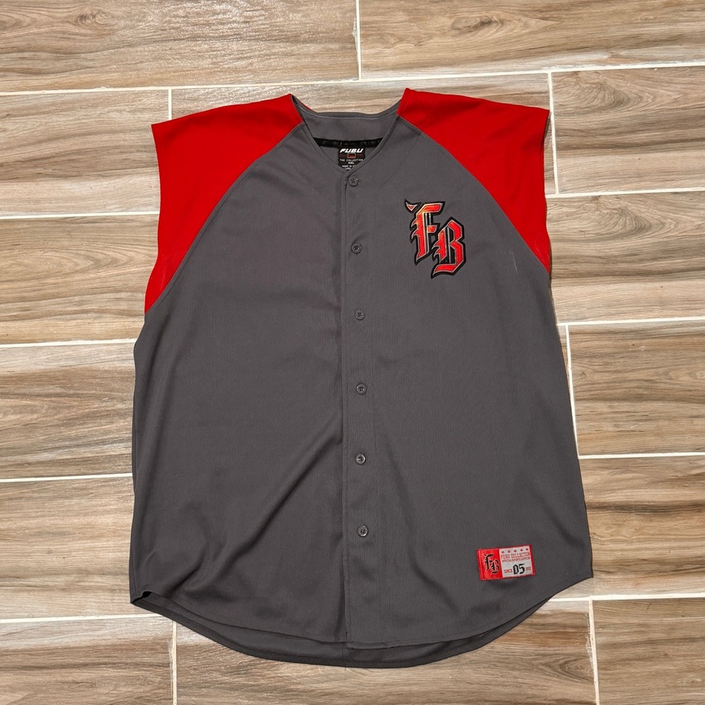 Fubu Shirt Mens 2XL XXL Gray Red Baseball Jersey Sports Sleeveless Button Front